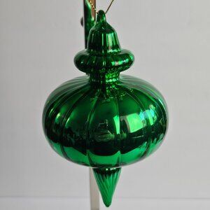 Handblown Green Glass Ornament – 5.75" Tall x 3.5" Wide – Vintage Style Holiday
